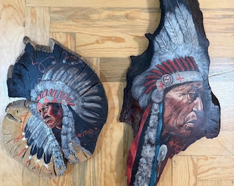 Vintage 1982 signiertes Lynn Rush Paar Hand bemaltes Native American Live Edge Holz