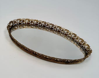 Vintage 50s Oval Gold Gilt Metal Filigree Hollywood Regency Vanity Tray Mirror