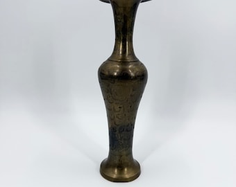 Vintage Brass Graceful Trumpet Neck Hand Etched India Patina Intact Vase Vessel