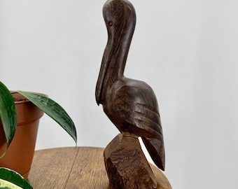 Vintage Mid Century Ironwood Carved Pelican Bird Figurine Ocean Beach Coastal
