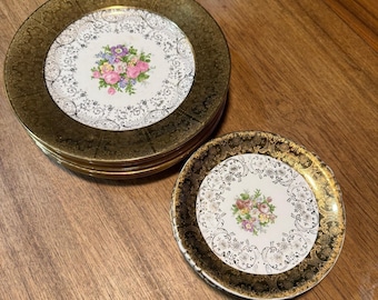 Vintage Paden City Pottery 22-Karat Gold Floral 8 Abendessen 8 Salat Dessert Teller