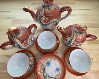 Vintage Japanese Porcelain Dragonware High Relief Lithophane Moriage Tea Set