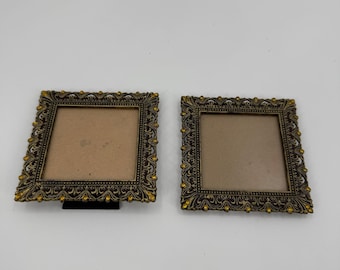 Vintage Pair Ornate Brass Filigree Scrollwork Amber Color Rhinestones Frames