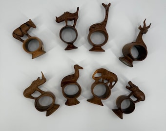 Vintage 70s Besmo Kenya Hand Carved Wooden Safari Animal Napkin Rings Set of 8