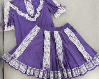 Vintage Square Dance Outfit Western Prairie Full Circle Skirt Ruffle Blouse XL