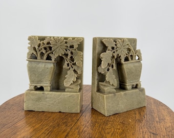Vintage Chinese Hand Carved Soapstone Bookends Pair Floral Flower Pot Planter 5"