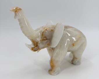 Vintage Hand-Carved Banded Onyx/Agate Boho Feng Shui Trunk Up Elephant Statue