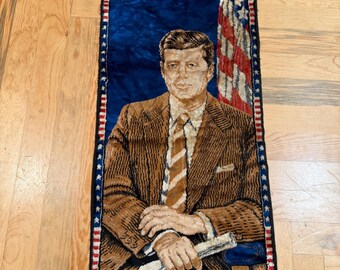 Vintage 60s John F Kennedy JFK Tapestry Wall Hanging 19x38 Patriotic USA Museum