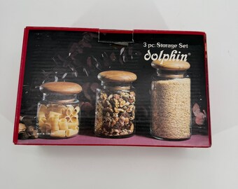 Vintage Dolphin Handcrafted Teakwood 3-Piece Glass Canister Storage Set With Box