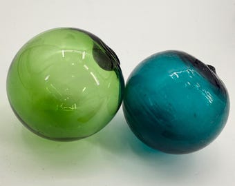 Vintage Hand Blown Japanese Glass Fishing Floats Buoy Balls Blue Green Set of 2