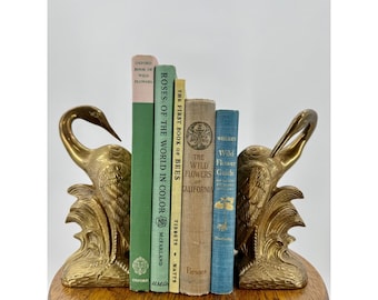 Vintage Solid Brass Bird Heavy Bookends Crane Egret Heron Coastal Library Decor