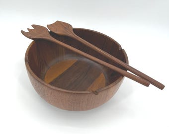 Teakwood Handcrafted Wooden Salad Bowl Serving Spoon Fork 3 Piece Set
