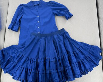 Vintage Square Dance 2-Piece Western Prairie Royal Blue Full Circle Skirt Blouse