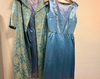 Vintage 50er Jahre Elegant Blumen Satin Metallic Brokat Etuikleid Kleid Mantel Set