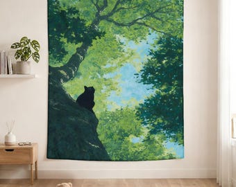 Silhouet wandtapijt boskat, natuurlicht boom muur hangend, vredig groen landschapsdecor, esthetische muurkunst dieren