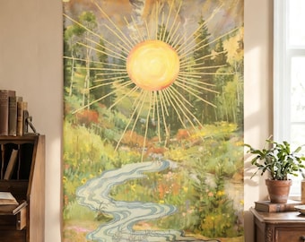 Abstract Sun Landscape Tapestry, Nature River Wall Hanging, Artistic Forest Meadow Decor, Warm Boho Aesthetic Bedroom Tapestry