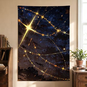May include: A rectangular wall tapestry featuring a dark navy blue and black cosmic night sky background. The design includes bright yellow glowing stars and thin, interconnected golden chains that drape across the fabric in a curved pattern.