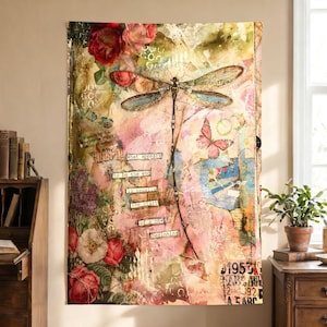 May include: Mixed media wall art with a dragonfly, butterfly, and floral design. The artwork uses text fragments and a pink, red, and beige colour scheme. The text reads "what appears to be the end is usually the start of a new beginning."