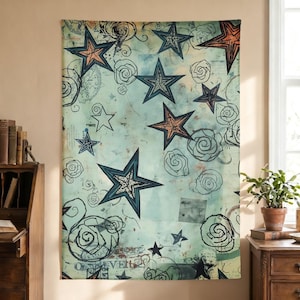 May include: A large wall tapestry with a light blue background featuring a pattern of stars, roses, and script. The stars are in various sizes and colors, including blue, orange, and black. The roses are outlined in black.