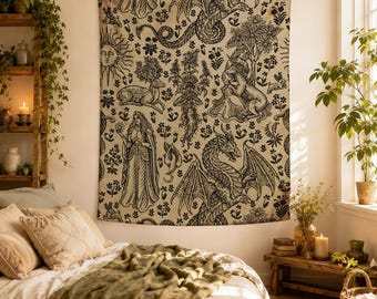 Medieval Creature Tapestry, Gothic Dragon Wall Hanging, Vintage Fantasy Pattern Decor, Witchy Dark Academia Tapestry, Mystic Room Art, Dorm