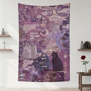 May include: A purple tapestry with a celestial theme, featuring a full moon, stars, clouds, and a black cat. The design includes text that reads "You are my sun, my moon, and all of my stars. I told the stars about you."