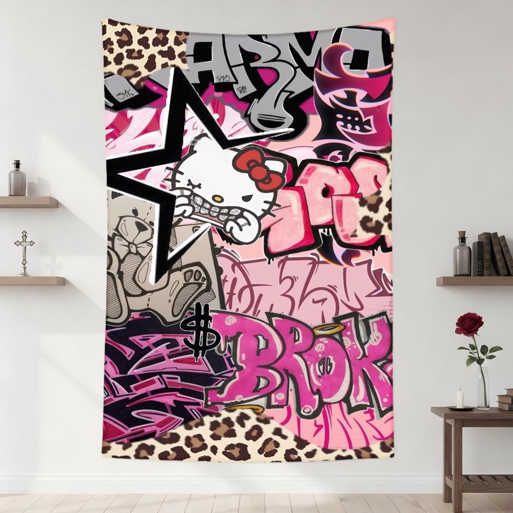 Edgy Hello Kitty Graffiti Tapestry, Pink Street Art Wall Hanging