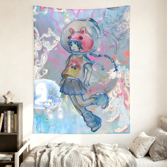 Fantasy Girl Tapestry, Cute Dreamy Wall Art, Fairycore Decor, Pastel Illustration, Kawaii Room Aesthetic, Soft Girl Decor, Magical Tapestry