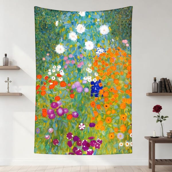 Wandtapijt Gustav Klimt, wandtapijt boho, schilderij Bauerngarten-tuin, heldere Happy Summer Sprint weide bloemen, boho decor slaapkamer