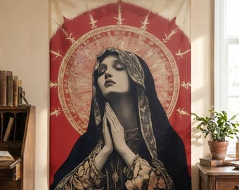 Virgin Mary Prayer Tapestry, Gothic Religious Wall Hanging, Catholic Spiritual Decor, Sacred Icon Art, Dark Aesthetic Bedroom Tapestry