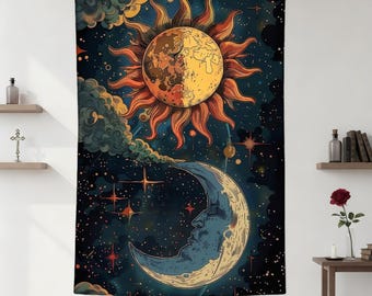 May include: A celestial tapestry featuring a sun and moon design against a starry night sky. The sun is depicted with a detailed, orange and yellow face, while the moon has a serene face. The artwork is set against a dark blue background with clouds and stars.