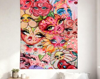 Grillig fruit en bloemen gezichten wandtapijt, psychedelische retro pop-art muur opknoping, kleurrijke aardbei karakter kunst aan de muur, boho slaapkamer decor