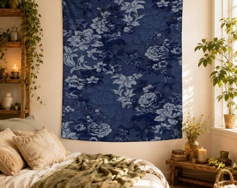 Navy Floral Tapestry, Vintage Blue Flower Wall Hanging, Dark Botanical Room Decor, Cottagecore Floral Tapestry, Moody Bedroom Art,Dorm Decor