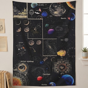 May include: Black tapestry featuring a celestial design with planets, moons, and constellations. The tapestry includes illustrations of the solar system, with labels like "Mercury," "Earth," and "Jupiter." The design incorporates vintage-style drawings and text.