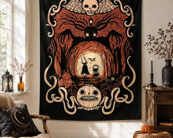 Vintage Halloween Forest Tapestry, Gothic Skull Bat Wall Hanging, Dark Fairytale Pumpkin Decor, Spooky Woodland Art for Bedroom Living Room