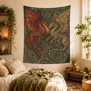 May include: A rectangular wall tapestry featuring a dark green background with a dense, intricate pattern of swirling leaves and vines. Two large dragons, one in shades of red and the other in muted gold, face each other in the centre.