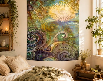 May include: A rectangular wall tapestry featuring an abstract design with a large, radiant golden sun at the top centre, surrounded by swirling, circular patterns in shades of deep blue, teal, purple, and earthy brown, creating a textured effect.
