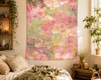 Pastel bloemen wandtapijt, schattige roze bloemen muurdecoratie, charmante hortensia kamerdecoratie, zacht tuinthema studentenkamer wandtapijt, sprookjesachtige muurdecoratie, studentenkamer