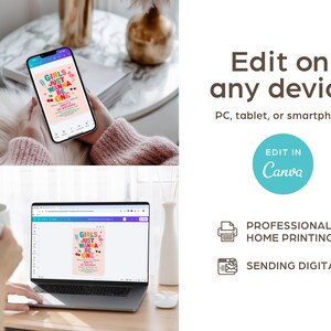 May include: A smartphone and laptop displaying a colorful invitation design with the text "GIRLS JUST WANNA BE ONE." The image also includes the text "Edit on any device" and "Edit in Canva."