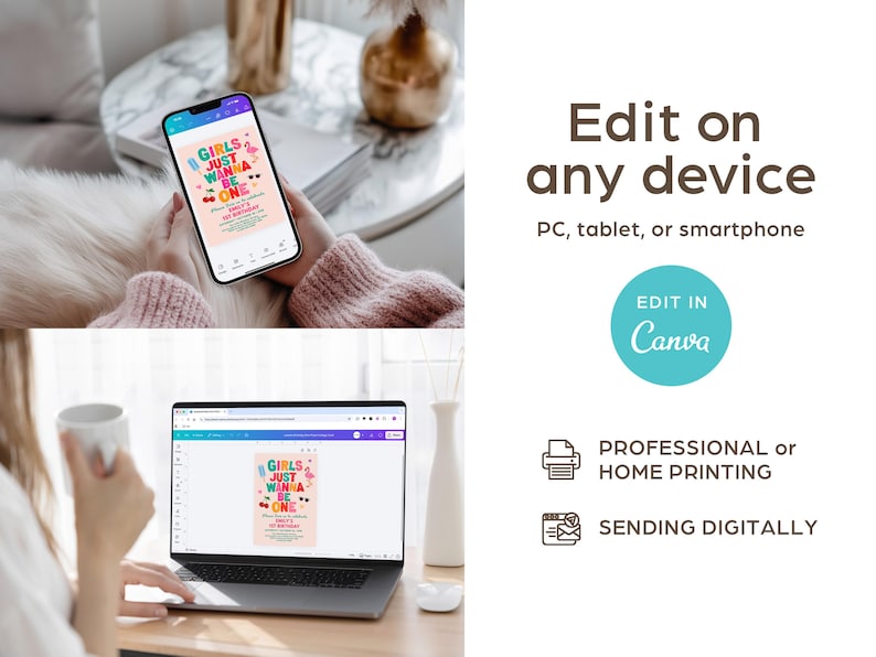 May include: A smartphone and laptop displaying a colorful invitation design with the text "GIRLS JUST WANNA BE ONE." The image also includes the text "Edit on any device" and "Edit in Canva."