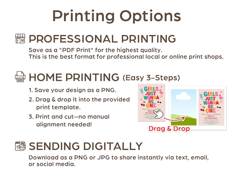 May include: A graphic with the title "Printing Options" and instructions for professional, home, and digital printing. The home printing section includes a "Drag & Drop" graphic with examples of invitation designs.