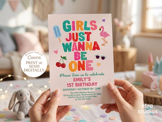 Girls Just Wanna Be One 1st Birthday Invitation Summer Flamingo Retro Colorful Editable Canva