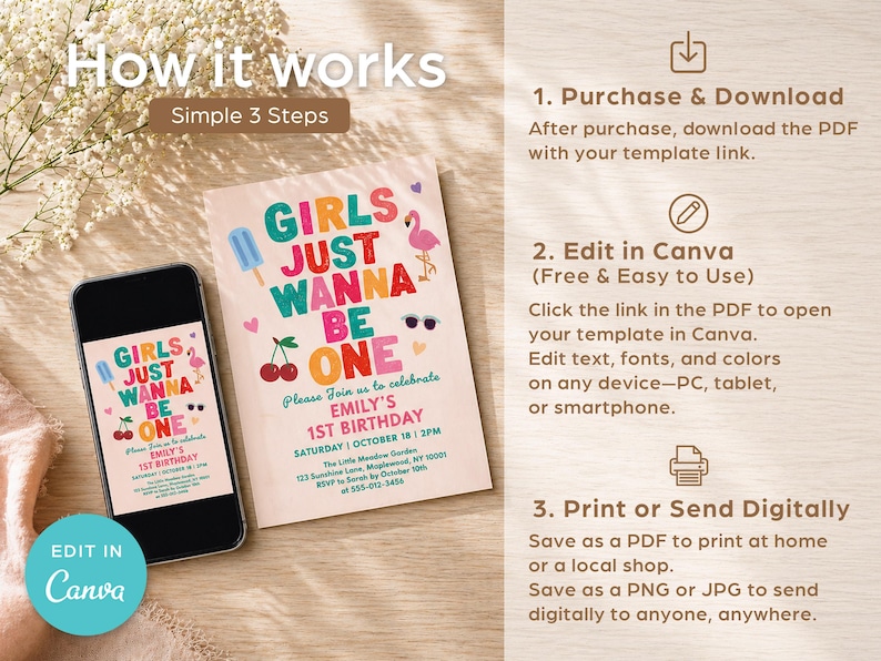 May include: A smartphone and invitation card with the text "GIRLS JUST WANNA BE ONE" in colorful letters. The invitation includes details for a first birthday party. The image also shows instructions on how to edit the invitation in Canva.