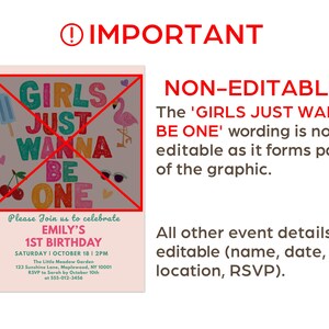 May include: A pink birthday invitation with the text "GIRLS JUST WANNA BE ONE" in colorful letters. The invitation includes event details such as the date, time, and location. The text "IMPORTANT" is at the top.