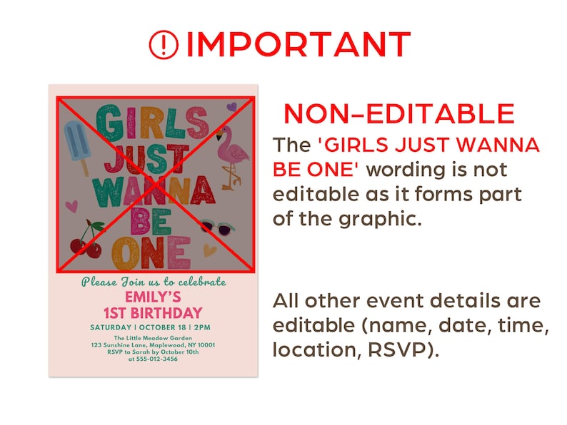May include: A pink birthday invitation with the text "GIRLS JUST WANNA BE ONE" in colorful letters. The invitation includes event details such as the date, time, and location. The text "IMPORTANT" is at the top.
