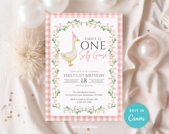 One Silly Goose 1st Birthday Invitation, Editable Pink Gingham Girl Invite, Watercolor Farm Animal Party, Digital Download Printable