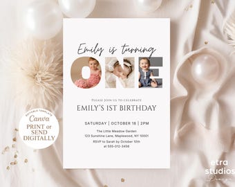 1st Birthday Invitation Template with Photos, One Photo Collage Invite, First Birthday Invite Girl Boy, Minimalist Editable Canva Template