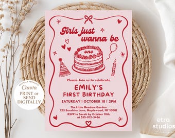 Girls Just Wanna Be One 1st Birthday Invitation Coquette Red Bow Pink Editable Canva Template