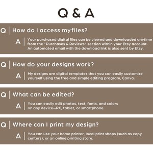 May include: A graphic with the title "Q & A" and four question-and-answer sections. The questions address accessing files, design functionality, editing options, and printing locations. The answers provide details on digital templates and customization.