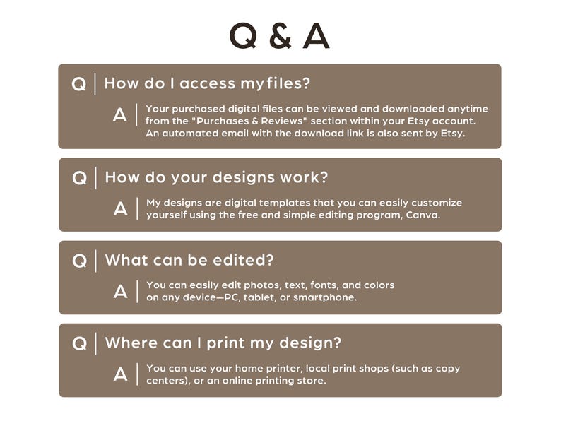 May include: A graphic with the title "Q & A" and four question-and-answer sections. The questions address accessing files, design functionality, editing options, and printing locations. The answers provide details on digital templates and customization.