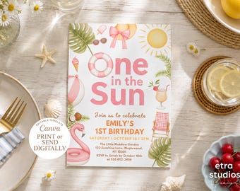 One In The Sun 1st Birthday Invitation Summer Pool Party Tropical Watercolor Editable Canva